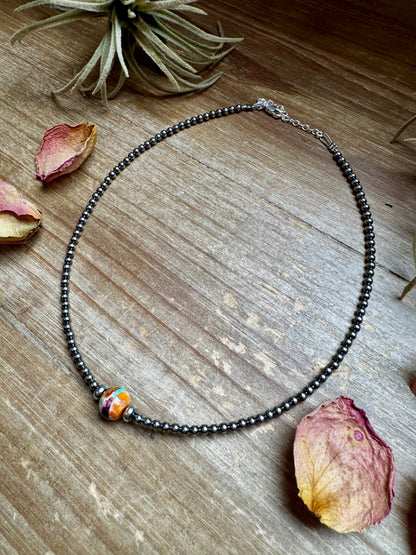 Handmade 14-inch sterling silver pearl choker with a center Mojave bead framed by 5mm saucers, finished with extender, made by The Bijoux FAB