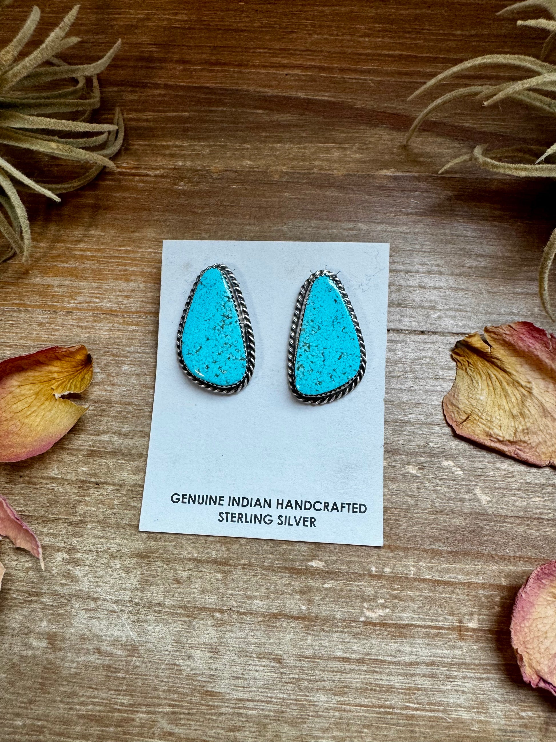 1.5 inch Kingman turquoise stud earrings in sterling silver, handmade by Navajo artist Donovan Nez
