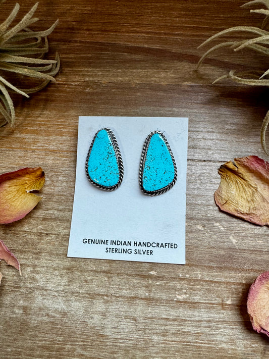 1.5 inch Kingman turquoise stud earrings in sterling silver, handmade by Navajo artist Donovan Nez