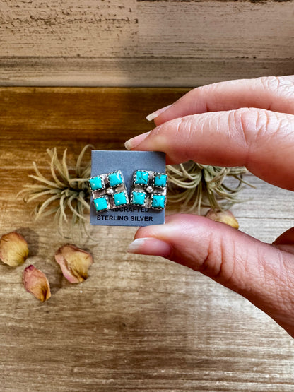 Square Kingman Turquoise Stud Earrings – Sterling Silver, Native Made, Stamped "N"