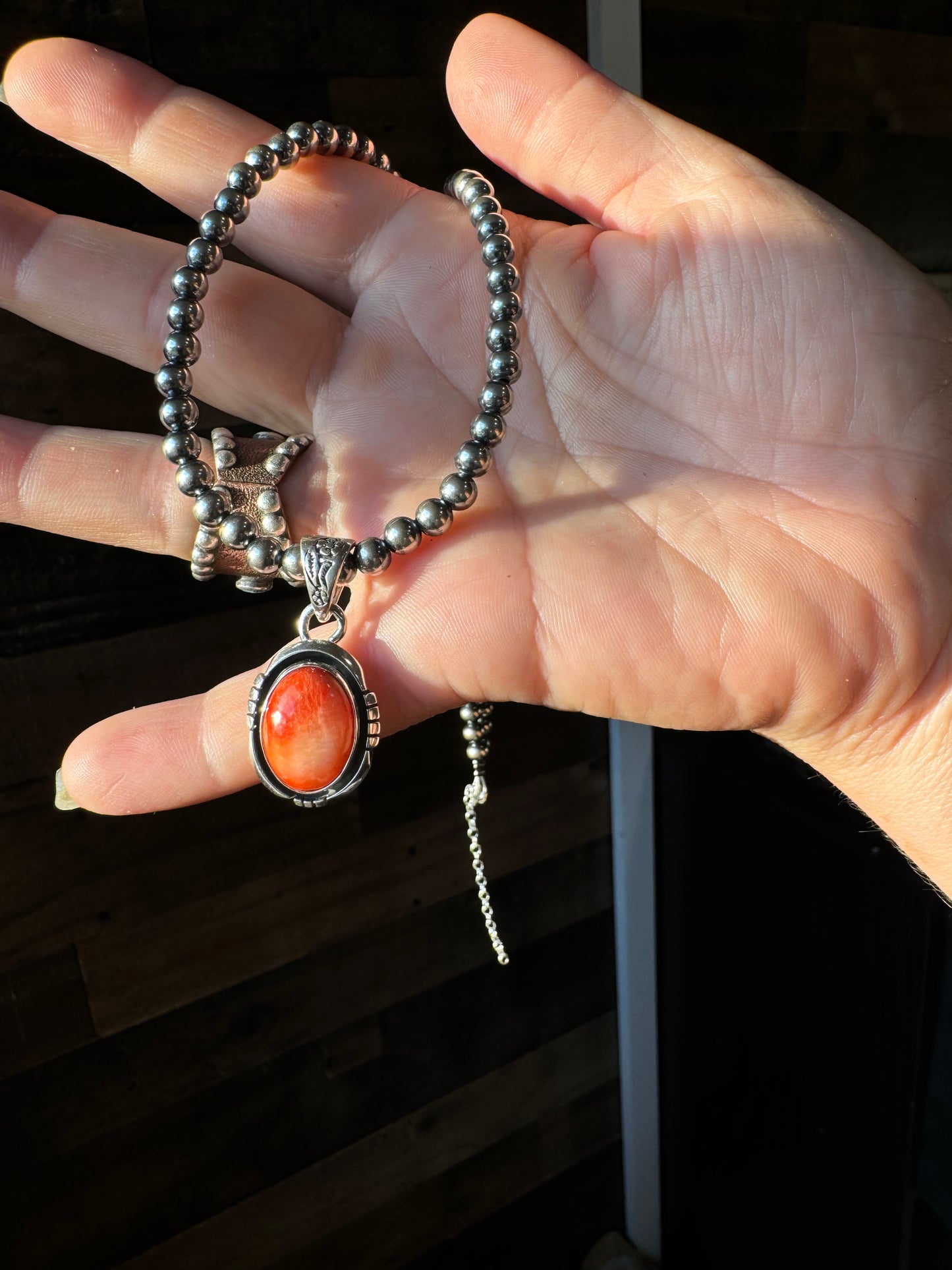 Oval Pendant - sterling silver with orange spiny