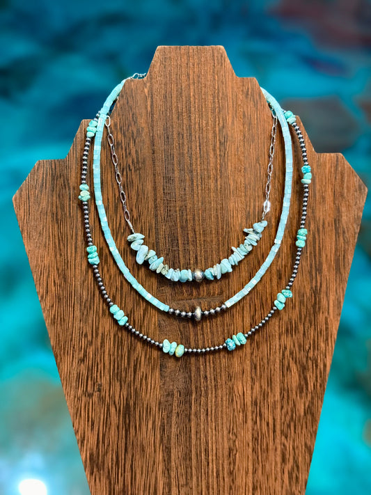 larimar and turquoise necklace stack 3 piece layered set sterling silver handmade USA jewelry