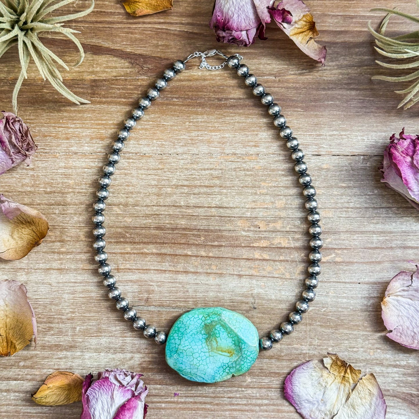 17-inch sterling silver pearl necklace with chunky turquoise nuggets, 8 mm beads, handmade by The Bijoux FAB, USA made