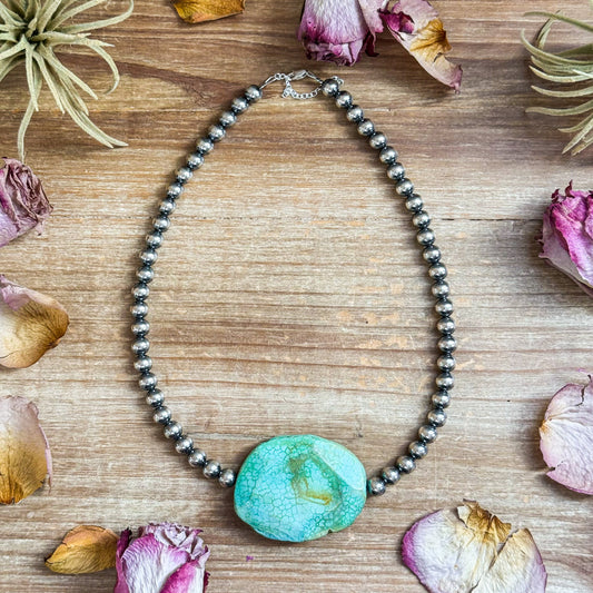 17-inch sterling silver pearl necklace with chunky turquoise nuggets, 8 mm beads, handmade by The Bijoux FAB, USA made