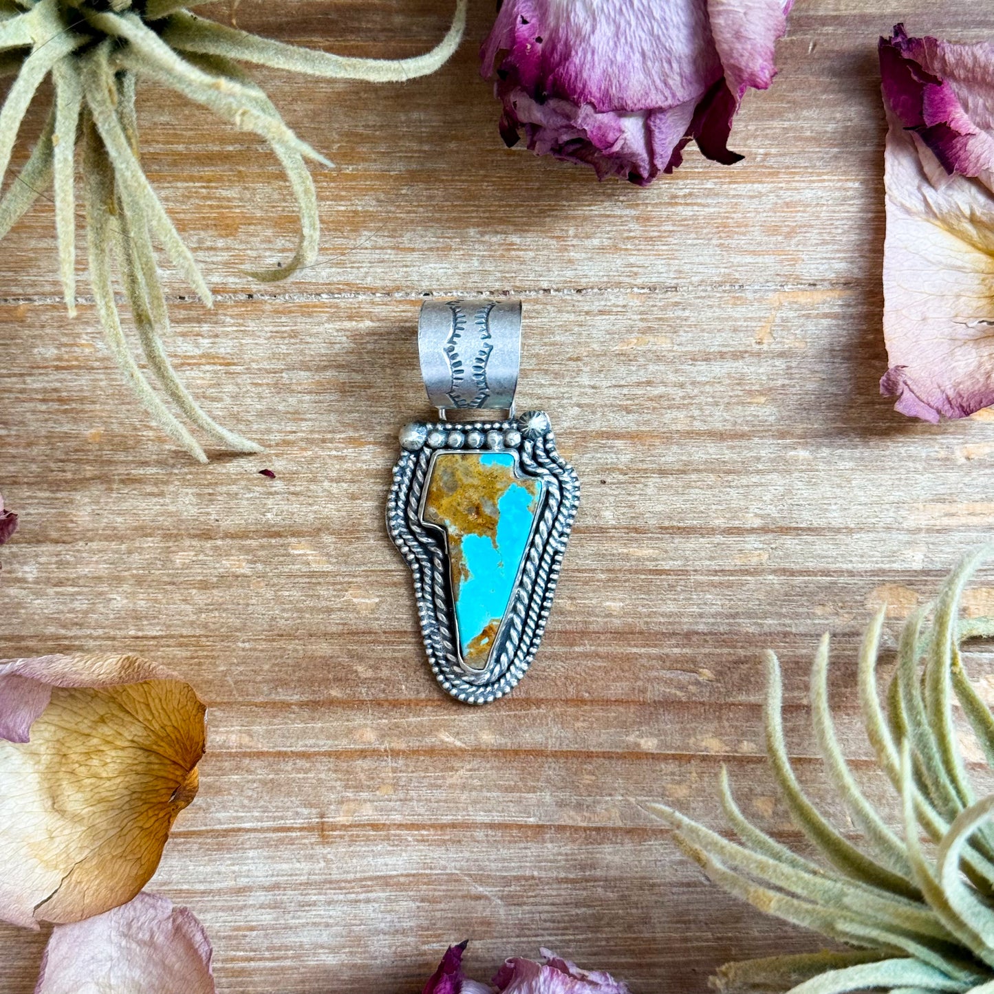 Sterling silver Kingman Turquoise lightning bolt pendant, fits 12 mm beads, handmade by artist Shay Pfeiffer, USA made