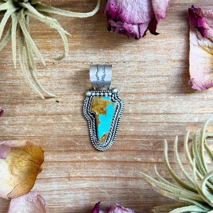 Sterling silver Kingman Turquoise lightning bolt pendant, fits 12 mm beads, handmade by artist Shay Pfeiffer, USA made