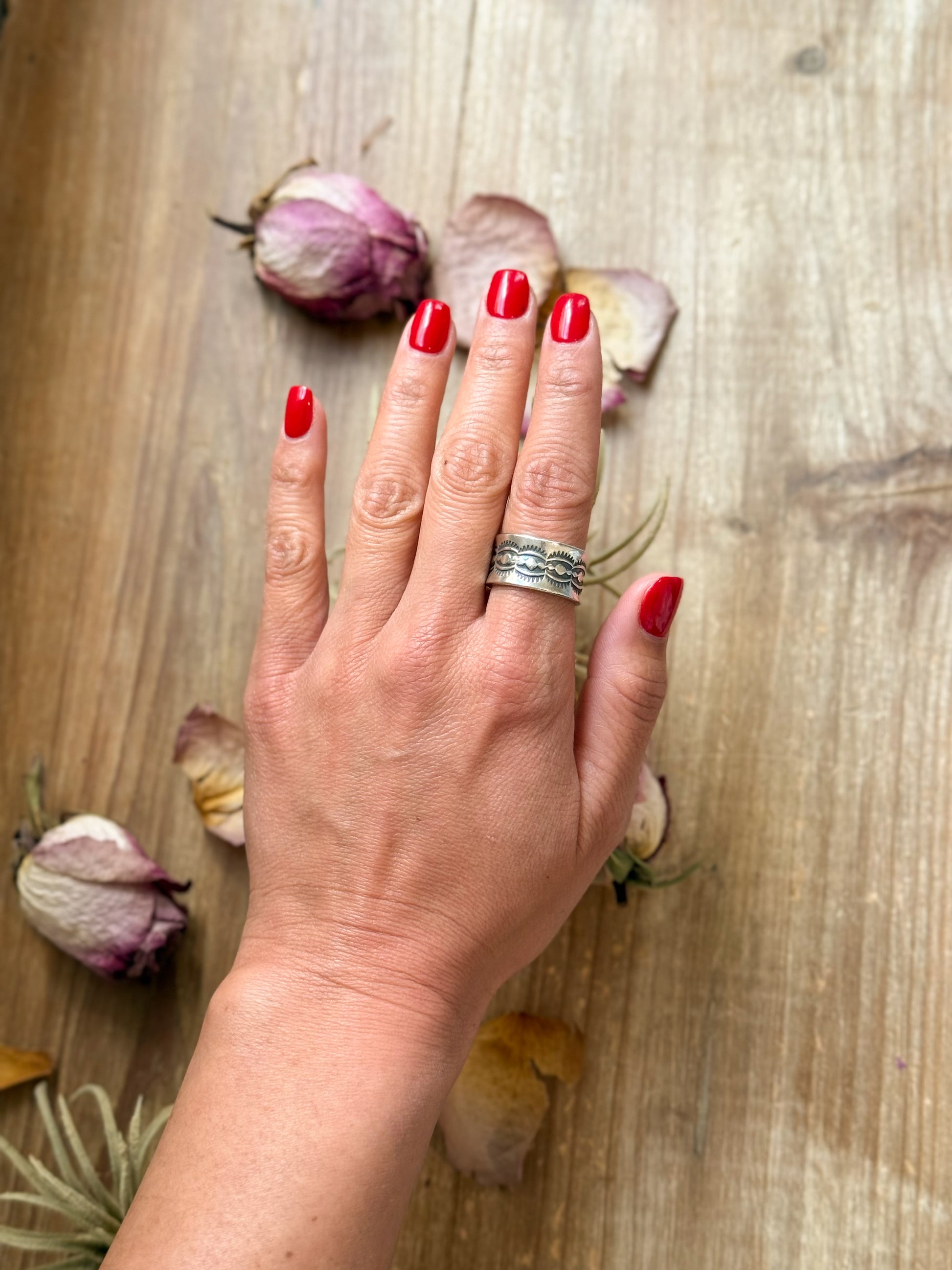 Sterling silver Fancy Sun Ray stamped wide band ring size 9, handmade by Jason Ogg, USA made
