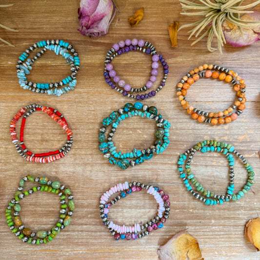 Bundle of two wolf stretchy bracelets, Black Wolf or White Wolf, handmade in USA by makers’ children, mixed stones with sterling accents