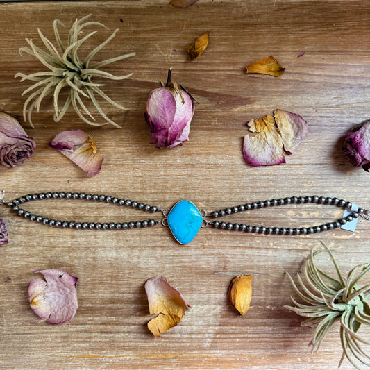 13-inch double strand sterling silver and turquoise choker with extender, 6 mm pearls, handmade in-house by The Bijoux FAB, USA made