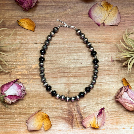 14-inch black onyx and 10 mm sterling silver pearl choker with extender, handmade by The Bijoux FAB, USA made