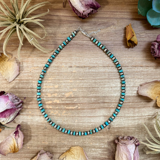 16.5-inch sterling silver and bright blue turquoise heishi necklace with 6 mm pearls, handmade by The Bijoux FAB, USA made