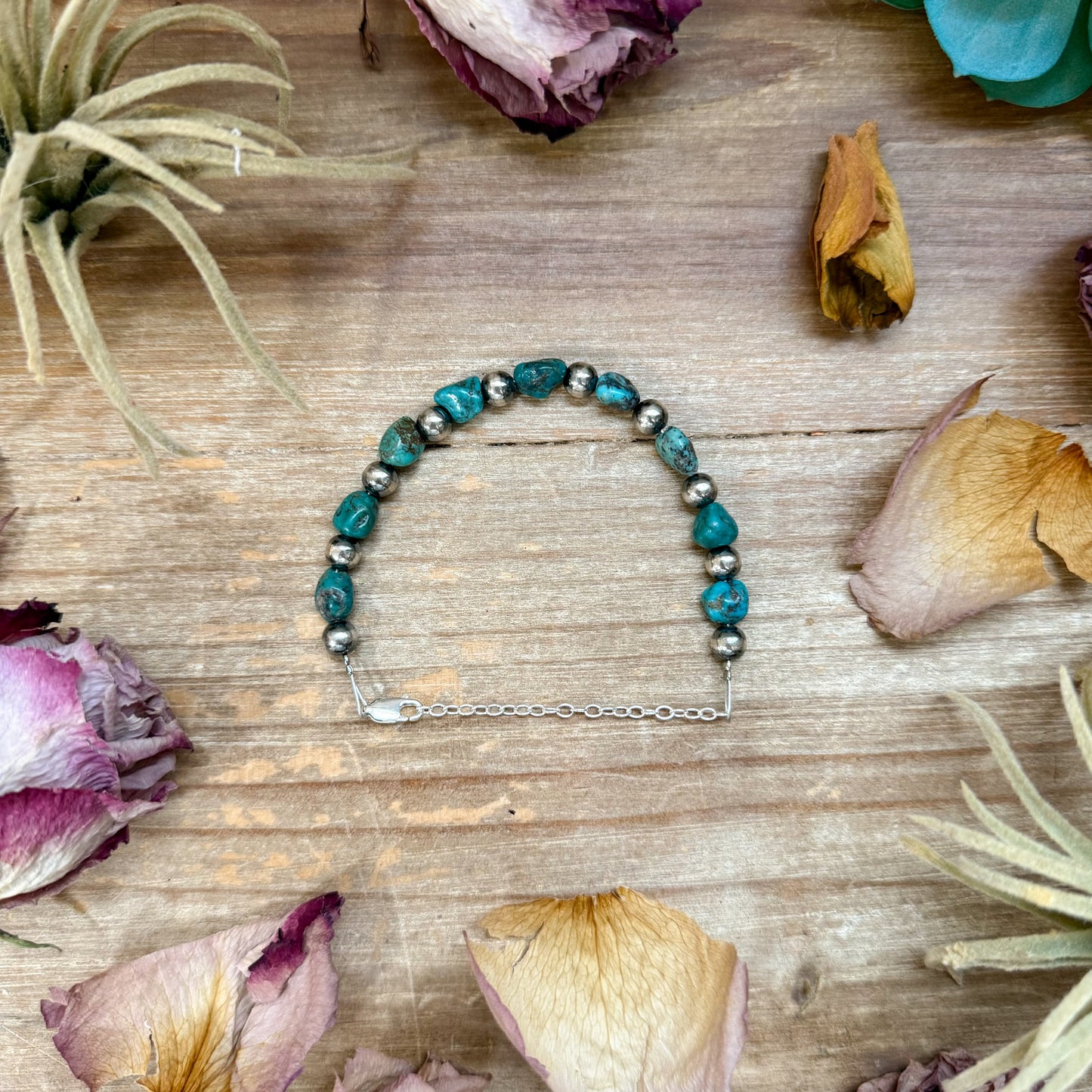  6.25-inch sterling silver and blue turquoise nugget bracelet with extender, handmade by The Bijoux FAB, USA made
