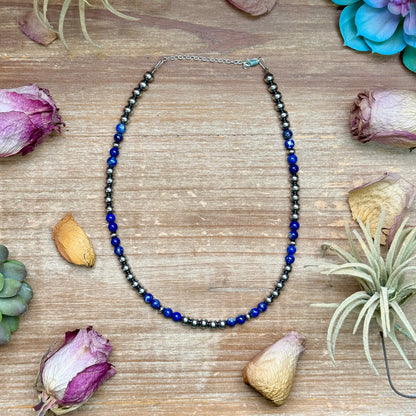 16-inch Lapis and sterling silver saucer necklace with extender, 6 mm beads, handmade by The Bijoux FAB, USA made