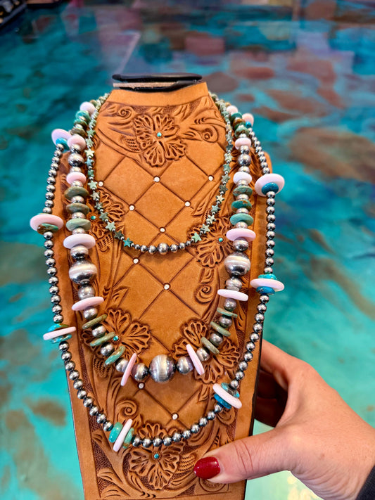 One Time Pieces – Pink Conch, Turquoise & Sterling Silver Statement Stack