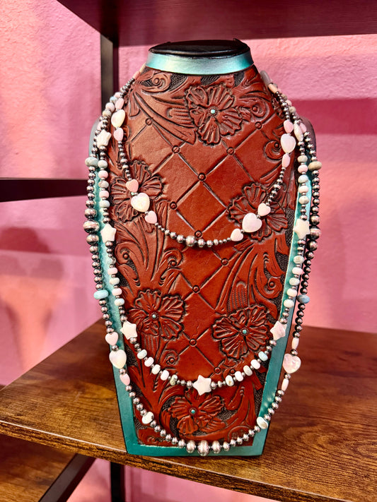 One Time Pieces – Larimar, Pink Conch & White Shell Necklace Stack