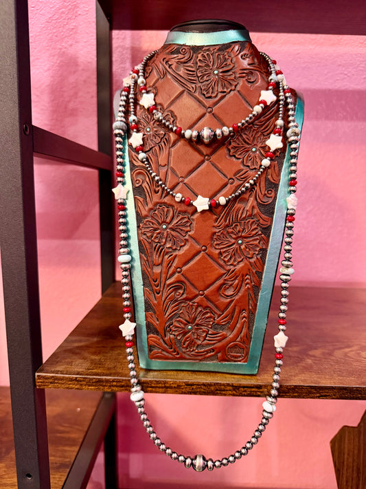 One Time Pieces – Larimar, Red Bamboo Coral & White Shell Star Necklace Stack