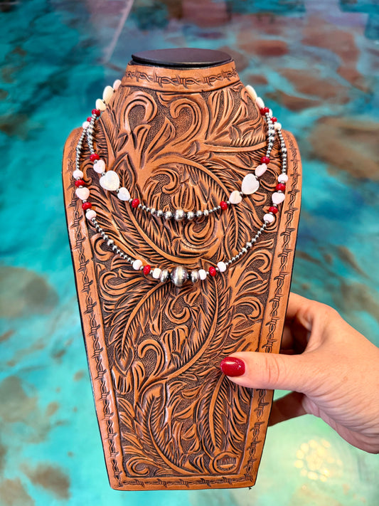 One Time Pieces – Red Coral, Pink Conch & White Shell Heart Necklace Stack