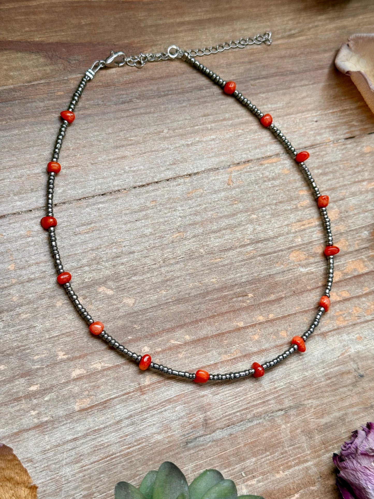 Antique Silver Seed Bead & Dyed Red Coral Choker – 14”