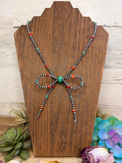 Sterling Silver Pearl “Bow” Necklace – 19” + 2” Extender – 4 mm & 5 mm Pearls with Turquoise & Dyed Coral