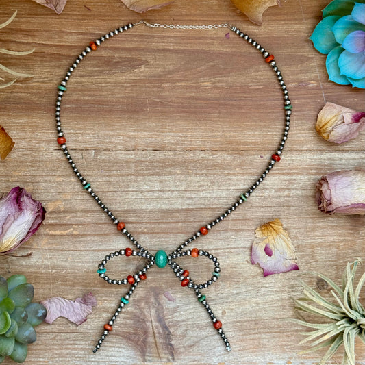 19-inch sterling silver pearl necklace with 4 mm and 5 mm pearls, turquoise, and dyed coral accents, 2-inch extender, handmade by The Bijoux FAB
