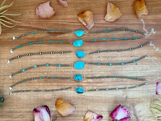 13-inch sterling silver pearl and turquoise choker with 2-inch extender, handmade in-house by The Bijoux FAB, one of a kind, USA made