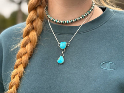 terling Silver Chain Necklace with Double Turquoise Dangles – 16” + Extender – Handmade In-House by The Bijoux FAB –
