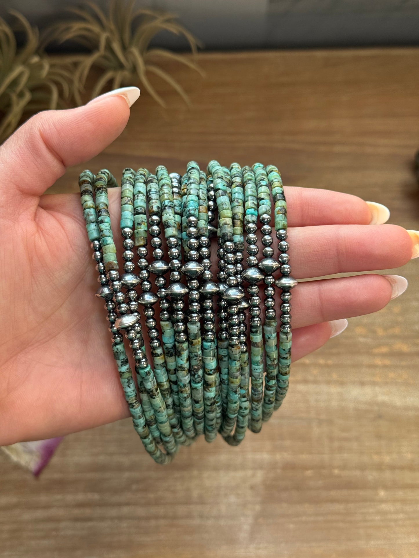 African Turquoise Heishi & Sterling Silver Pearl Necklace