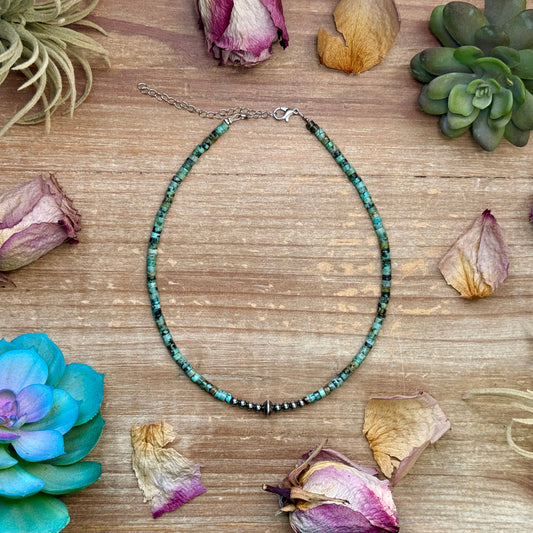 African turquoise heishi necklace with 4mm sterling silver pearls and saucer accents handmade in the USA