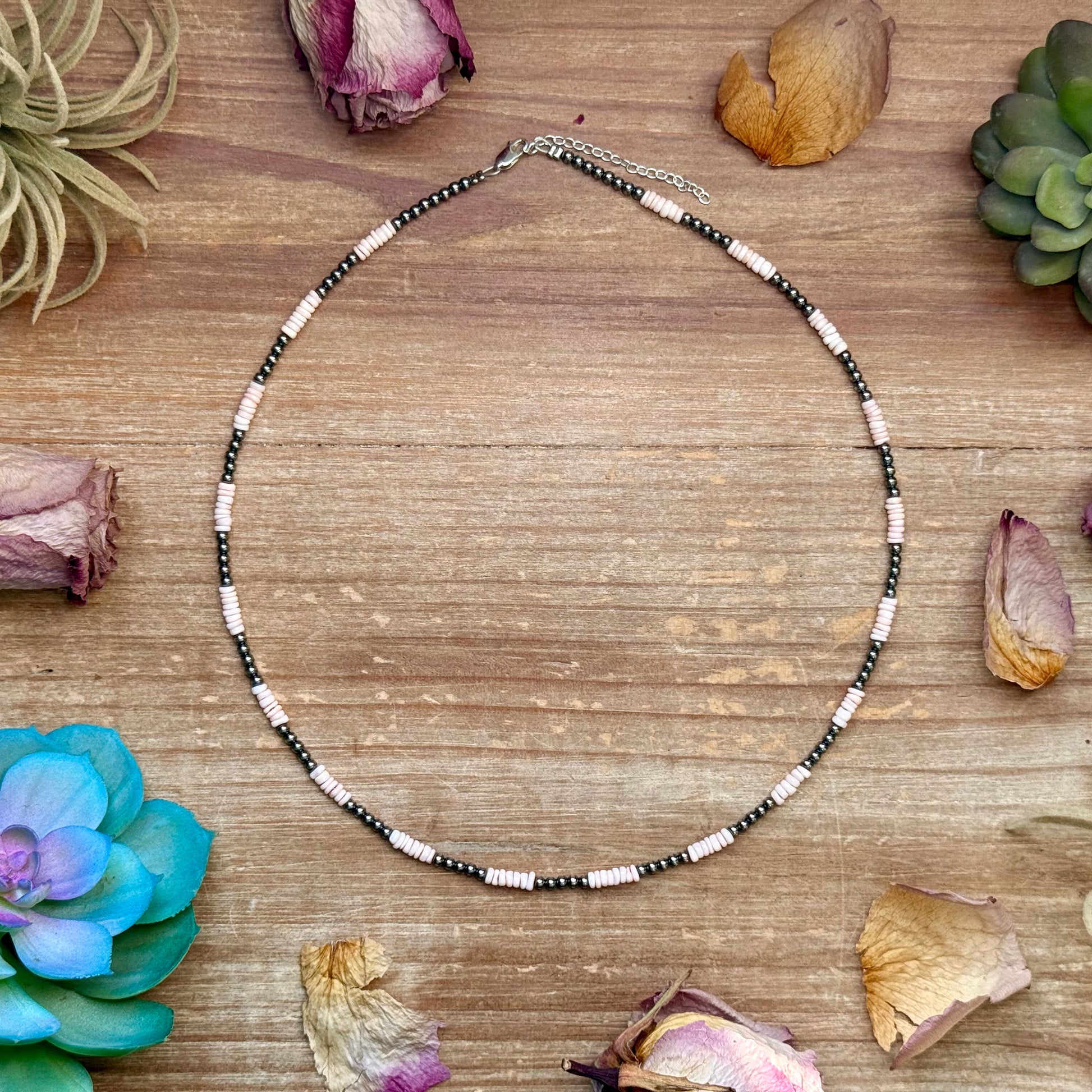 Pink conch shell heishi necklace with 3mm sterling silver pearls handmade in the USA