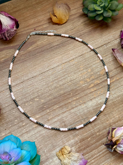 Pink Conch Heishi & 3mm Sterling Silver Pearl Necklace 20 inch