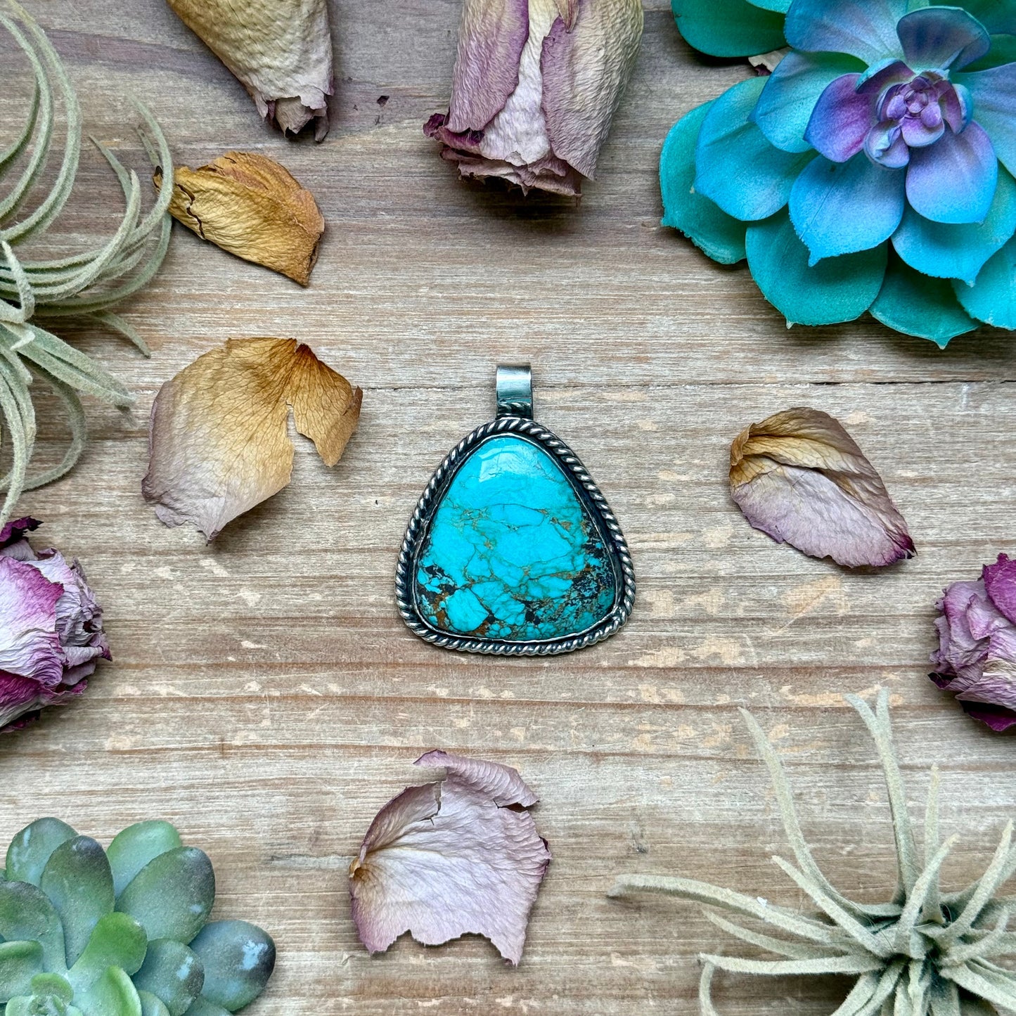 Sterling silver turquoise pendant 2.5 inches tall and 2 inches wide, fits 6 mm beads, handmade in-house by The Bijoux FAB, one of a kind