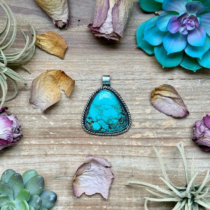 Sterling silver turquoise pendant 2.5 inches tall and 2 inches wide, fits 6 mm beads, handmade in-house by The Bijoux FAB, one of a kind