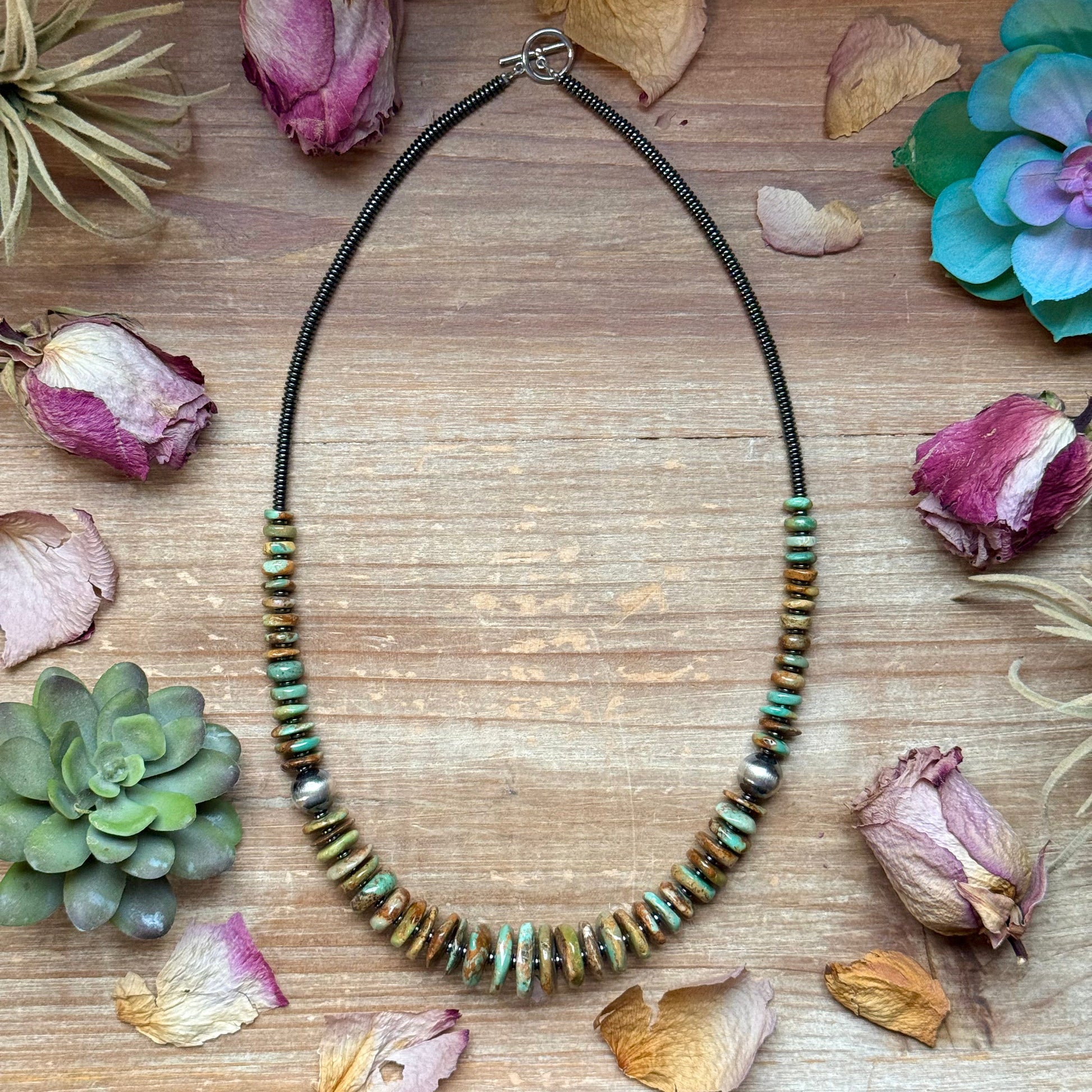 23.5-inch green turquoise and black hematite necklace with sterling silver pearls, handmade by The Bijoux FAB, USA made