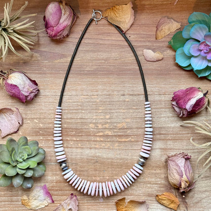 23.5-inch pink conch and black hematite necklace with sterling silver pearls, handmade by The Bijoux FAB, USA made
