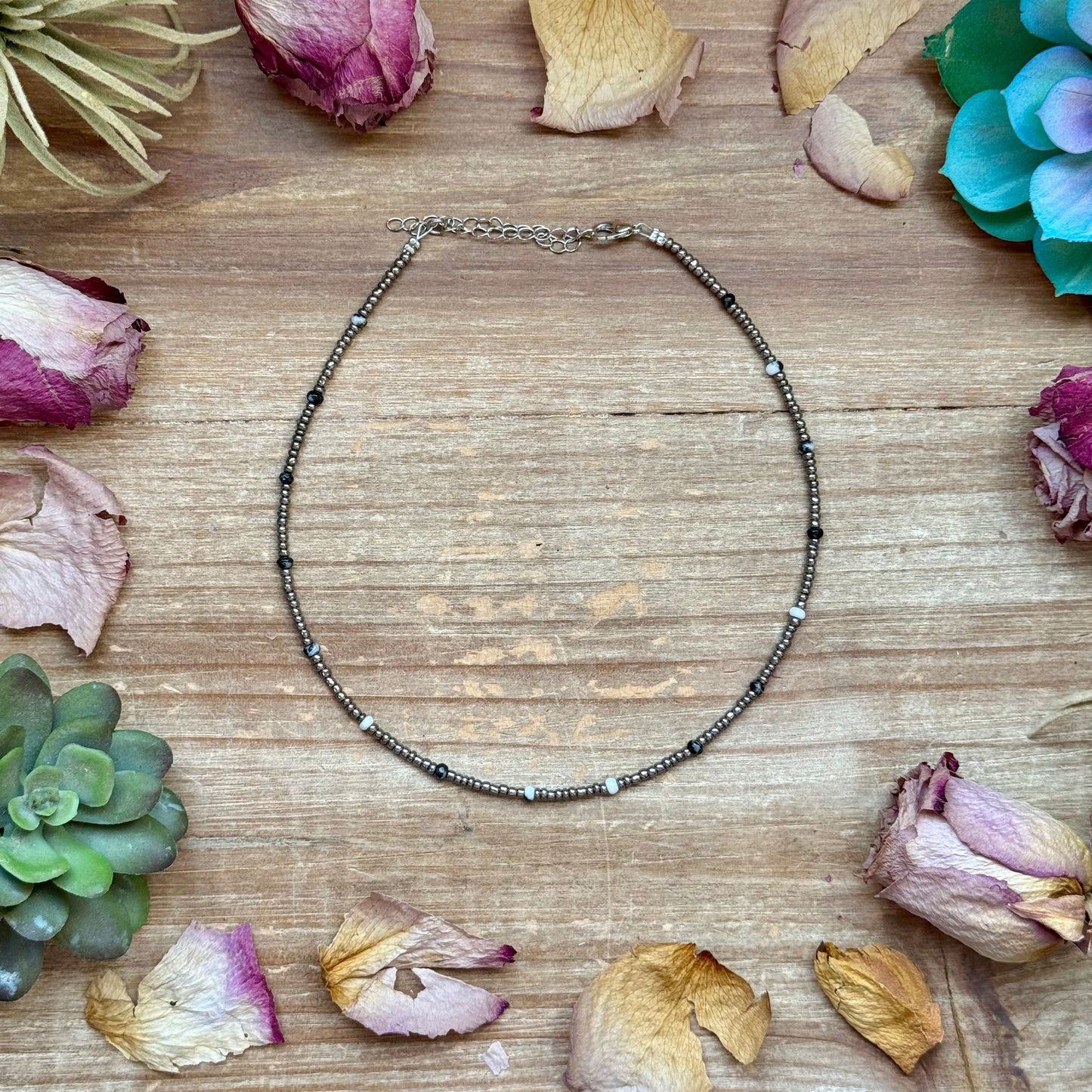 Magnesite and glass seed bead necklace with silver plated chain and lobster clasp