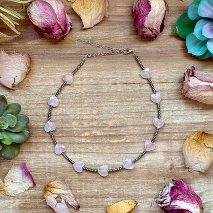 Magnesite and glass seed bead necklace with silver plated chain and lobster clasp