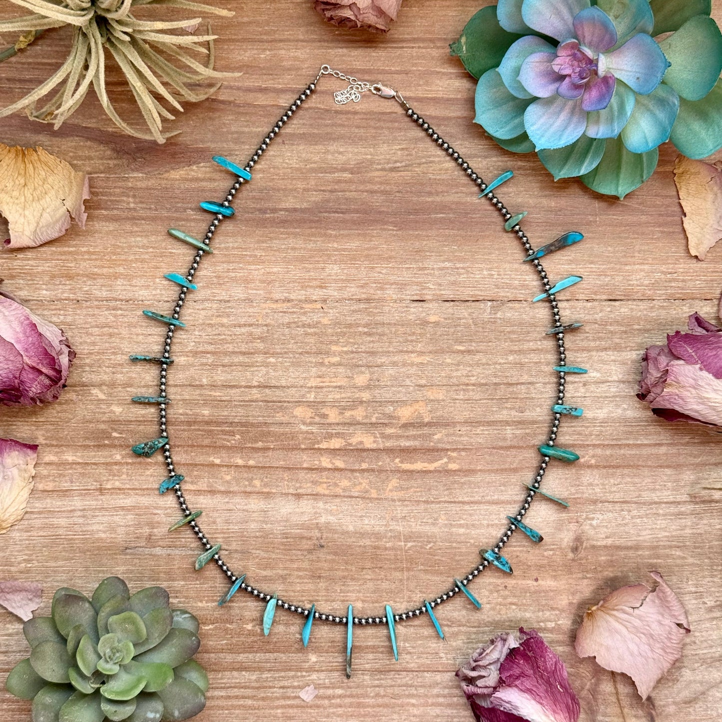 21 inch necklace with sterling silver pearls and long blue turquoise beads, adjustable with extender, each necklace unique