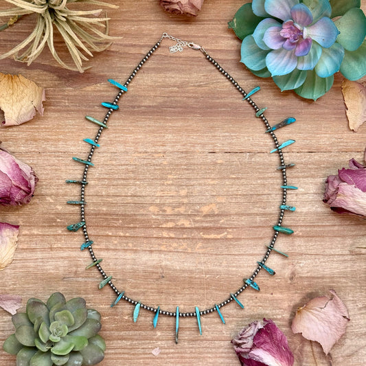 21 inch necklace with sterling silver pearls and long blue turquoise beads, adjustable with extender, each necklace unique