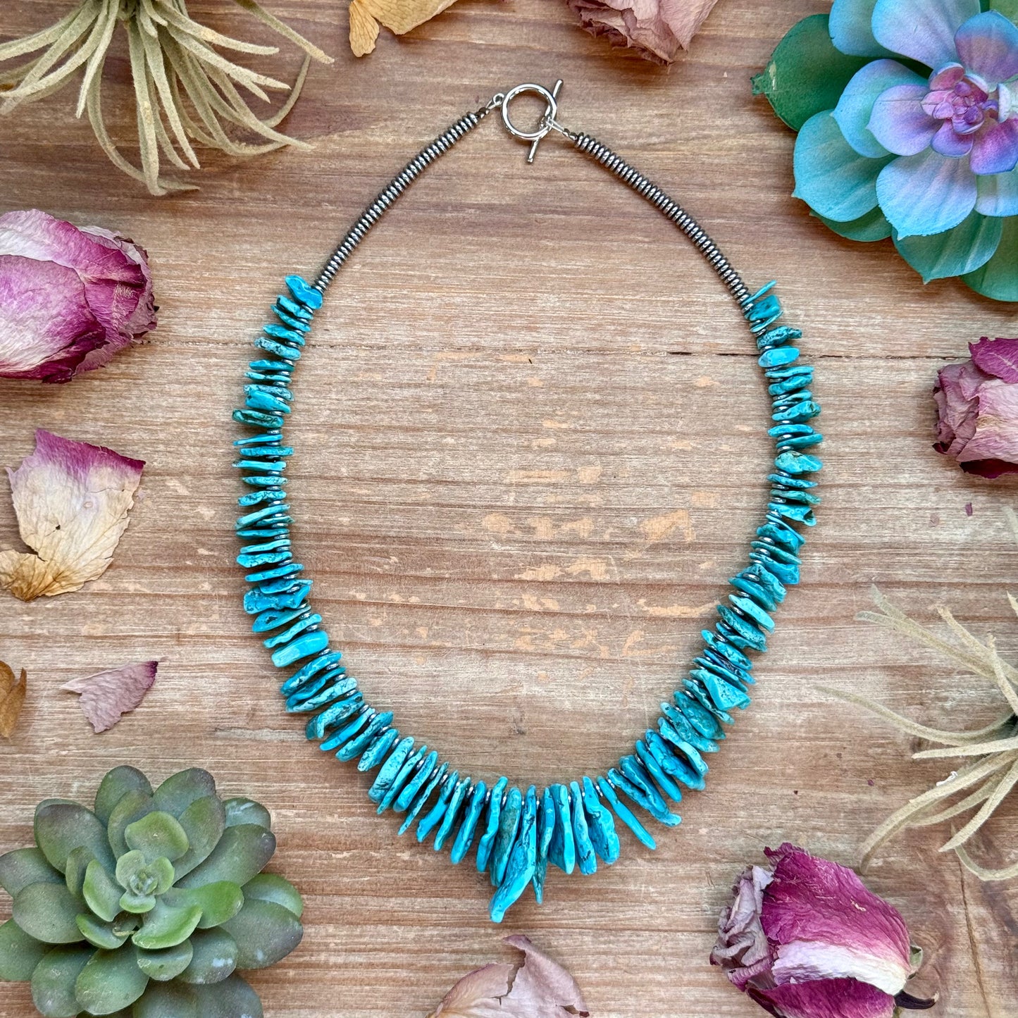 18-inch blue turquoise and silver hematite necklace with non-tarnish hook, handmade by The Bijoux FAB, USA made