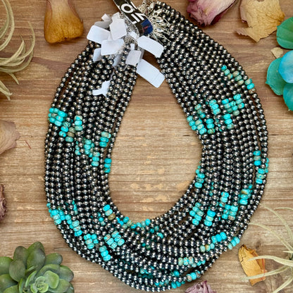 Sterling Silver Pearl Necklace with Turquoise & Variscite Rondelles – 19.5”