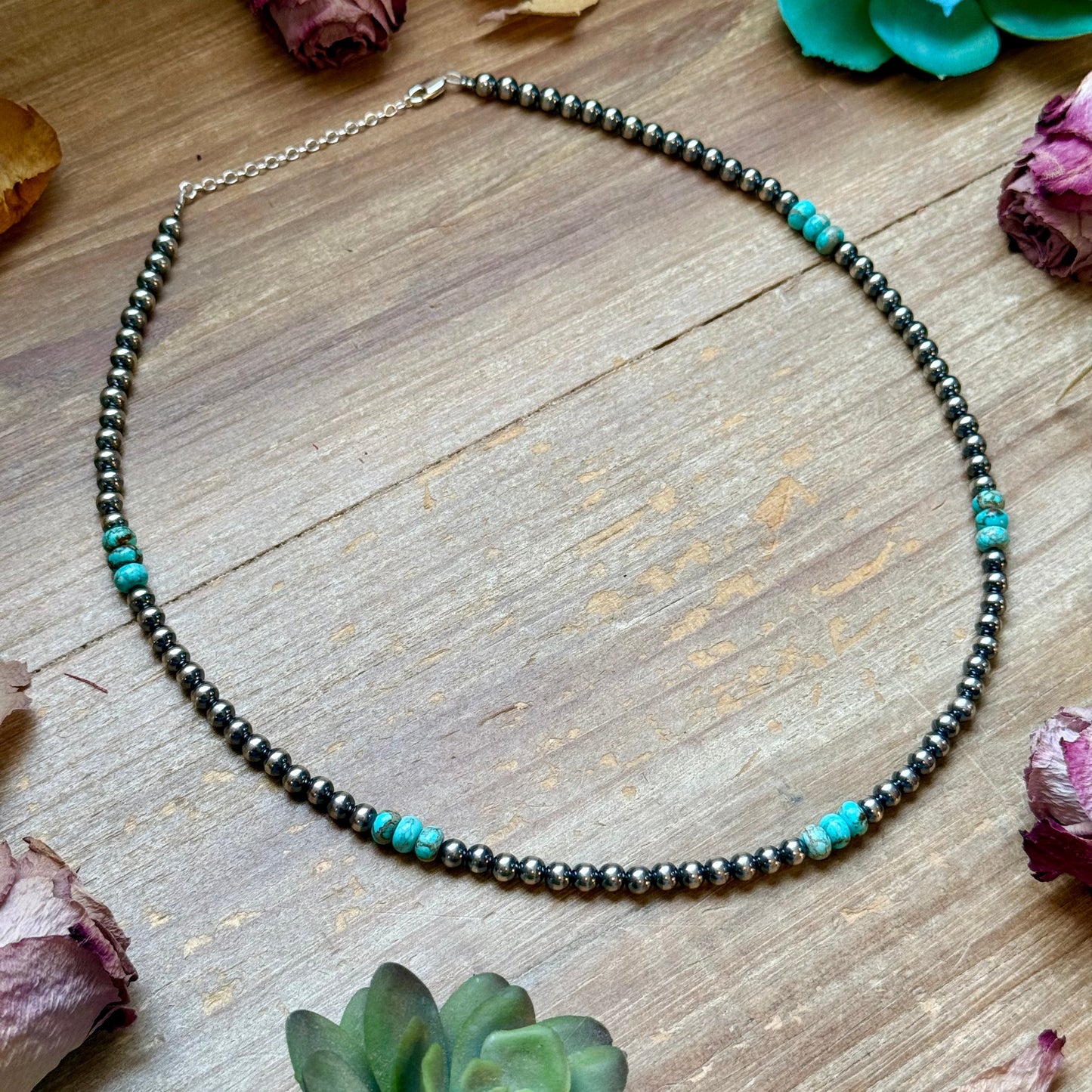 Sterling Silver Pearl Necklace with Turquoise & Variscite Rondelles – 19.5”