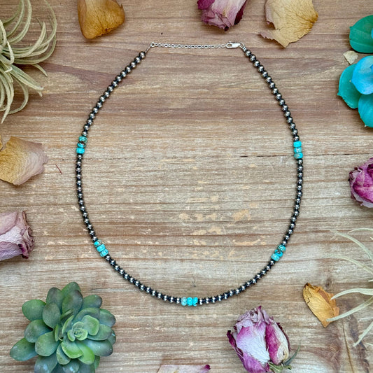 19.5 inch sterling silver pearl necklace with turquoise and variscite rondelles, adjustable with extender, each necklace unique