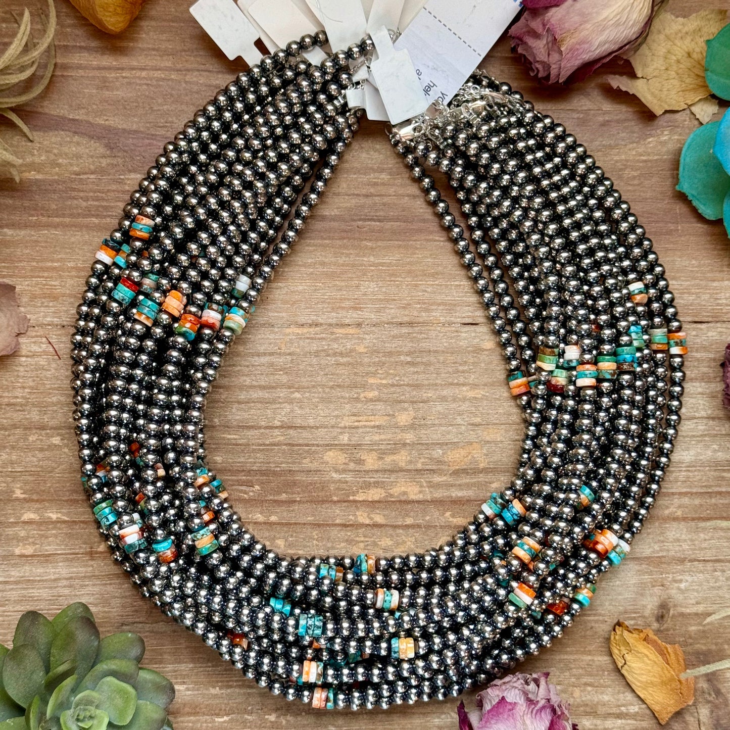 Mixed Turquoise & Spiny Oyster Heishi Necklace – 19”