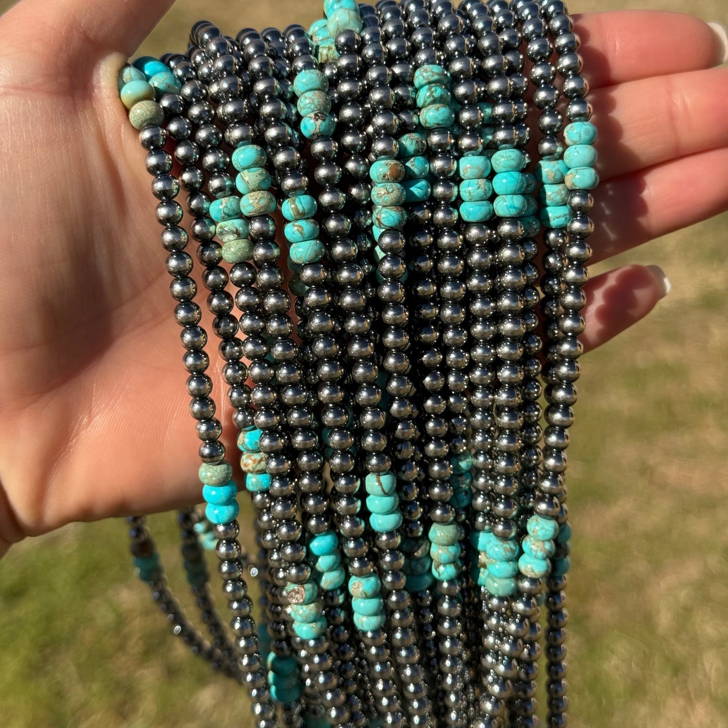 Sterling Silver Pearl Necklace with Turquoise & Variscite Rondelles – 19.5”