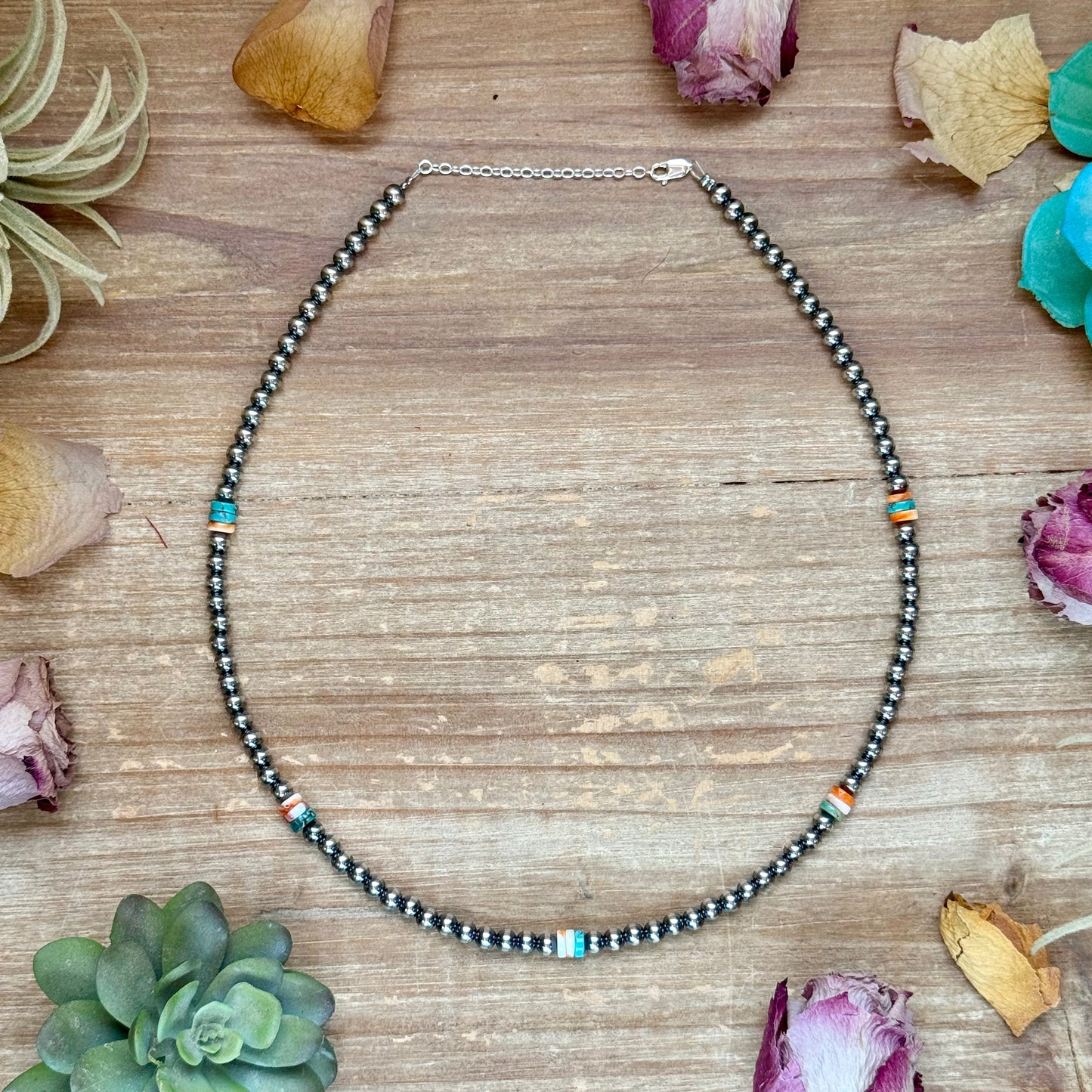 19 inch mixed turquoise and spiny oyster heishi necklace with sterling silver extender, each necklace unique