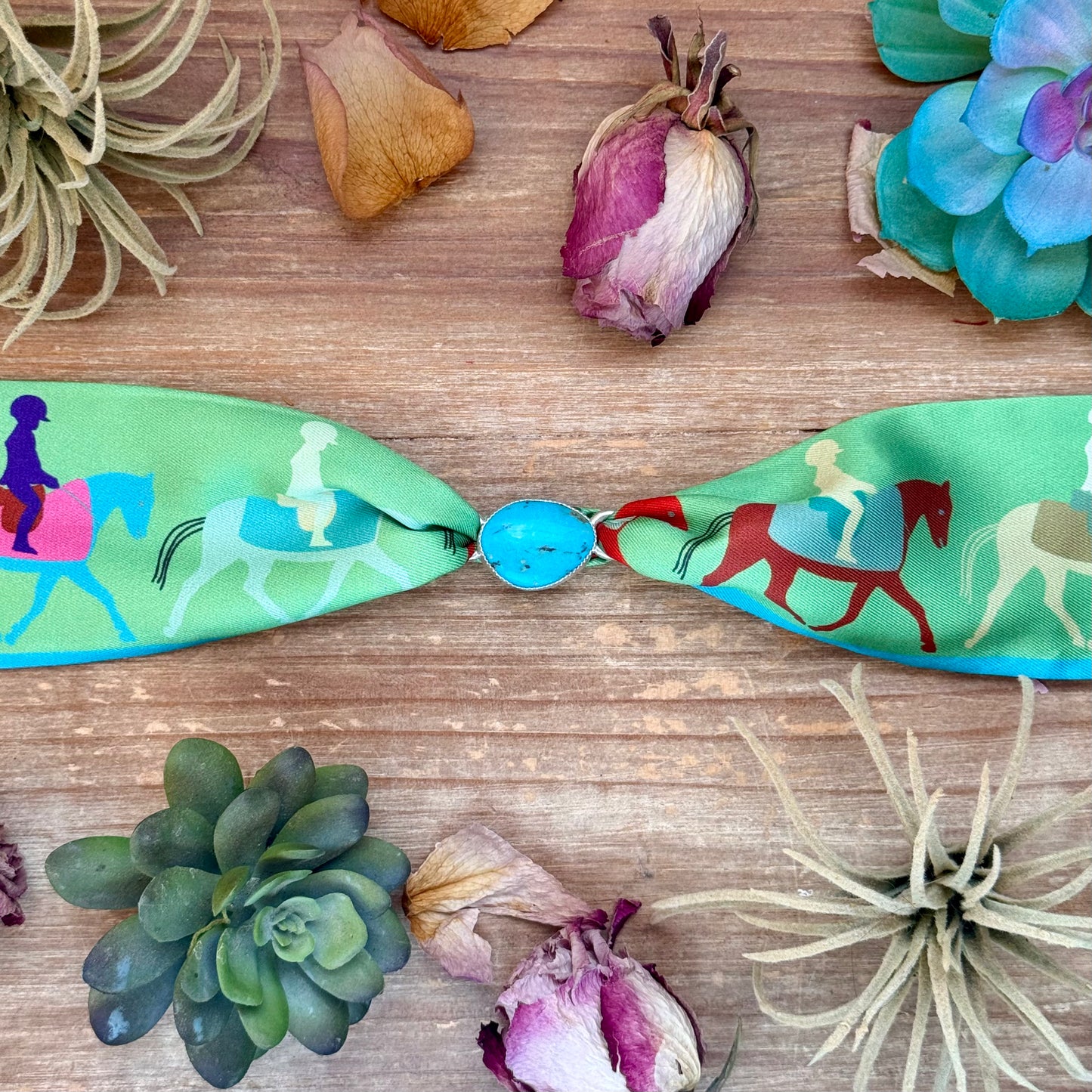 Twilly scarf accessory with real turquoise and sterling, handmade by The Bijoux FAB, one of a kind