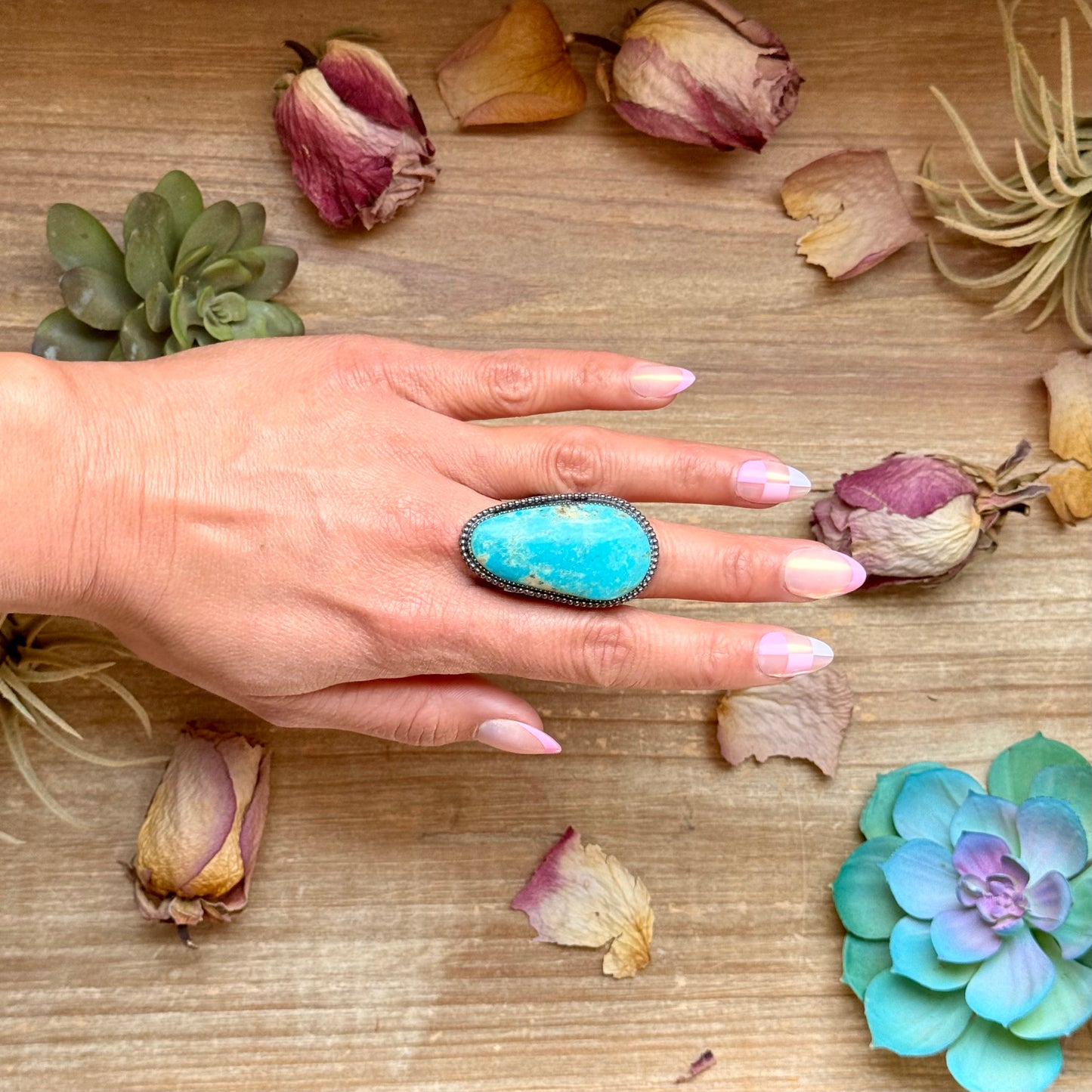 Adjustable sterling silver turquoise MJ ring handmade by The Bijoux FAB, USA made