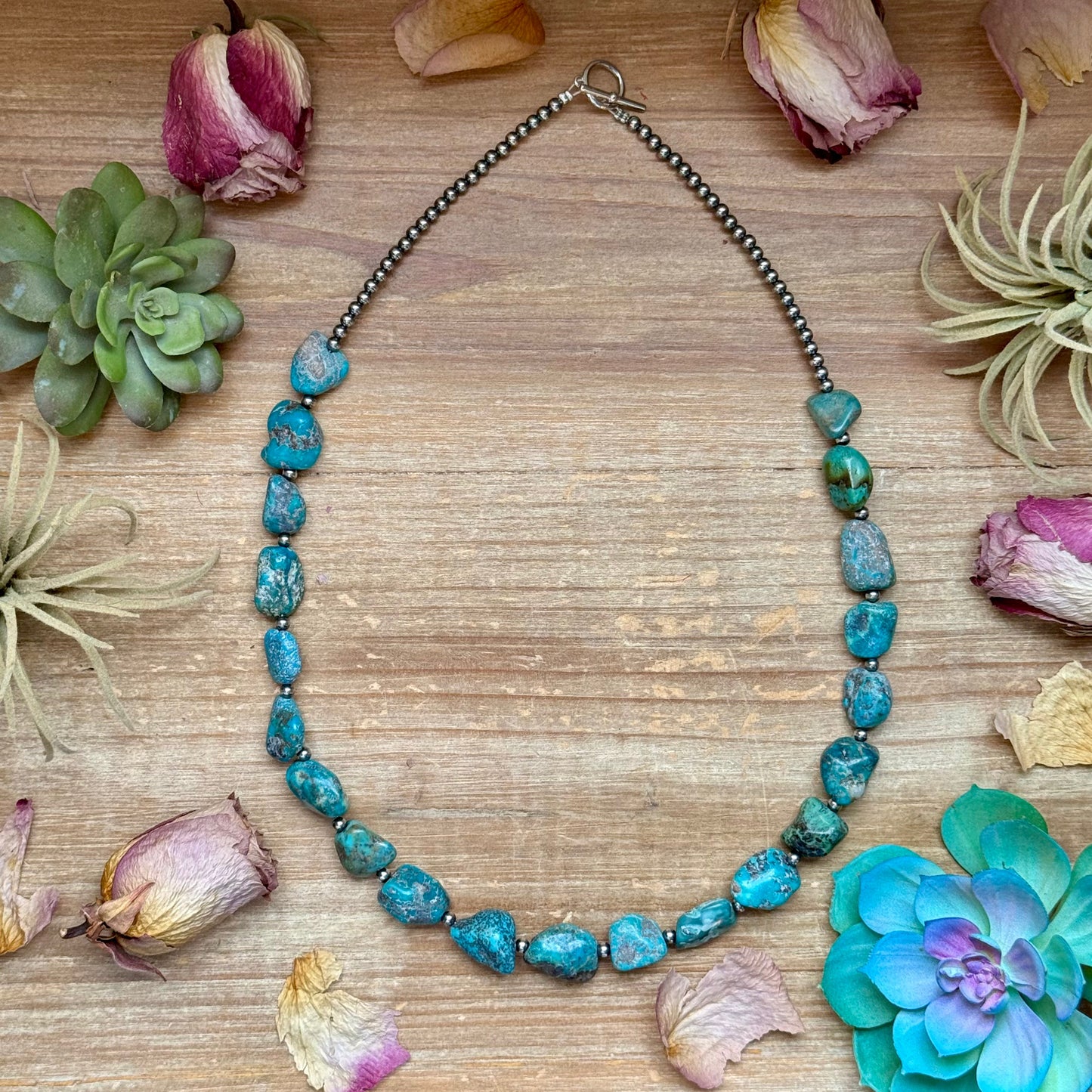 24 inch blue turquoise nugget necklace with 4 mm sterling silver beads, each necklace unique
