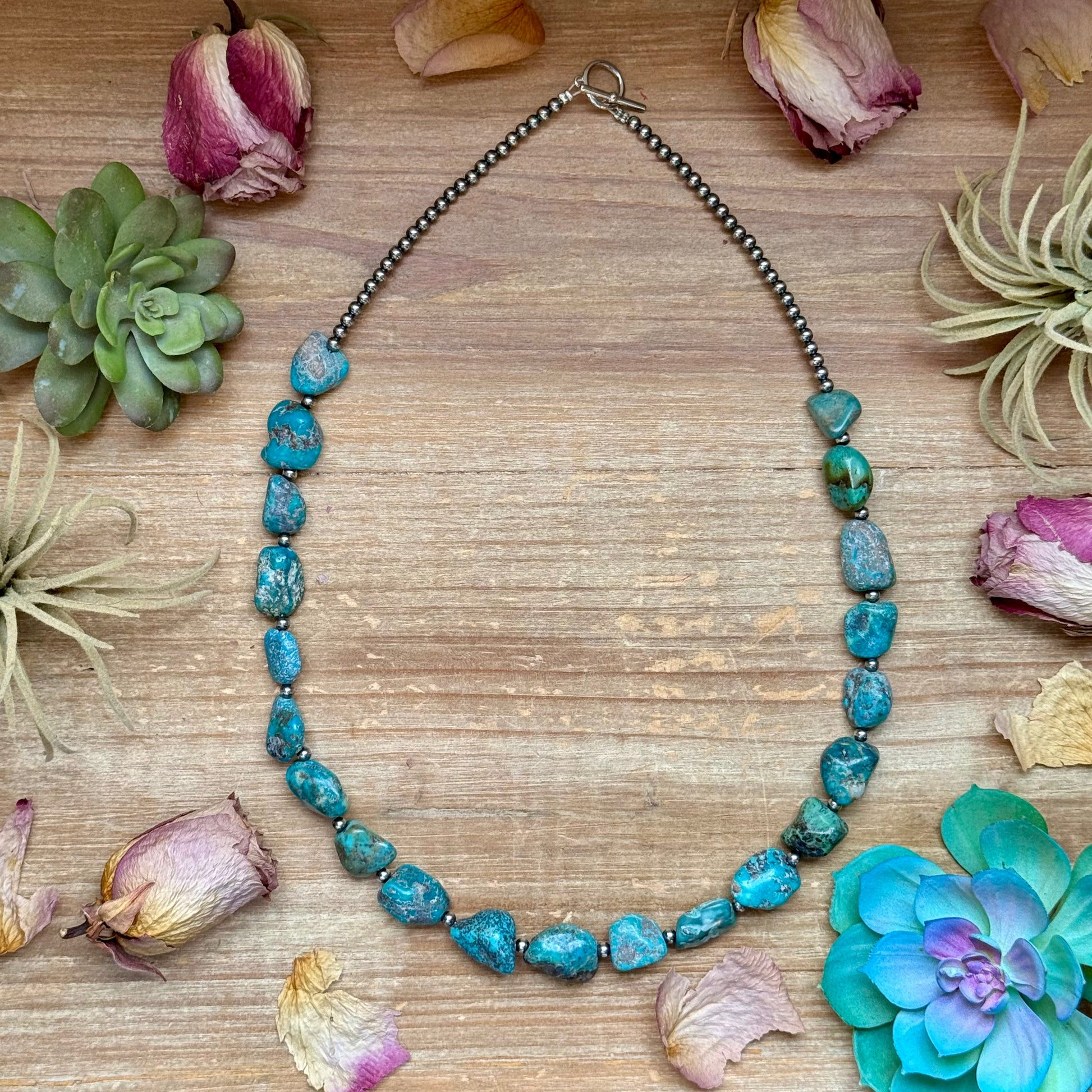 24 inch blue turquoise nugget necklace with 4 mm sterling silver beads, each necklace unique
