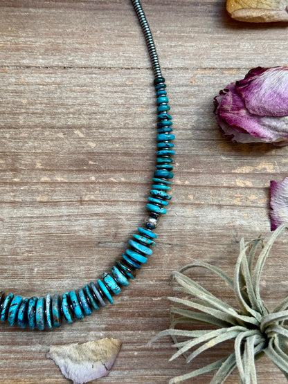 Dark Blue Turquoise Graduated Necklace with Sterling Silver Pearls & Hematite – 23”